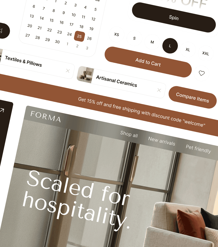 Collage of e-commerce web interface components including calendar, size selector, and banner.