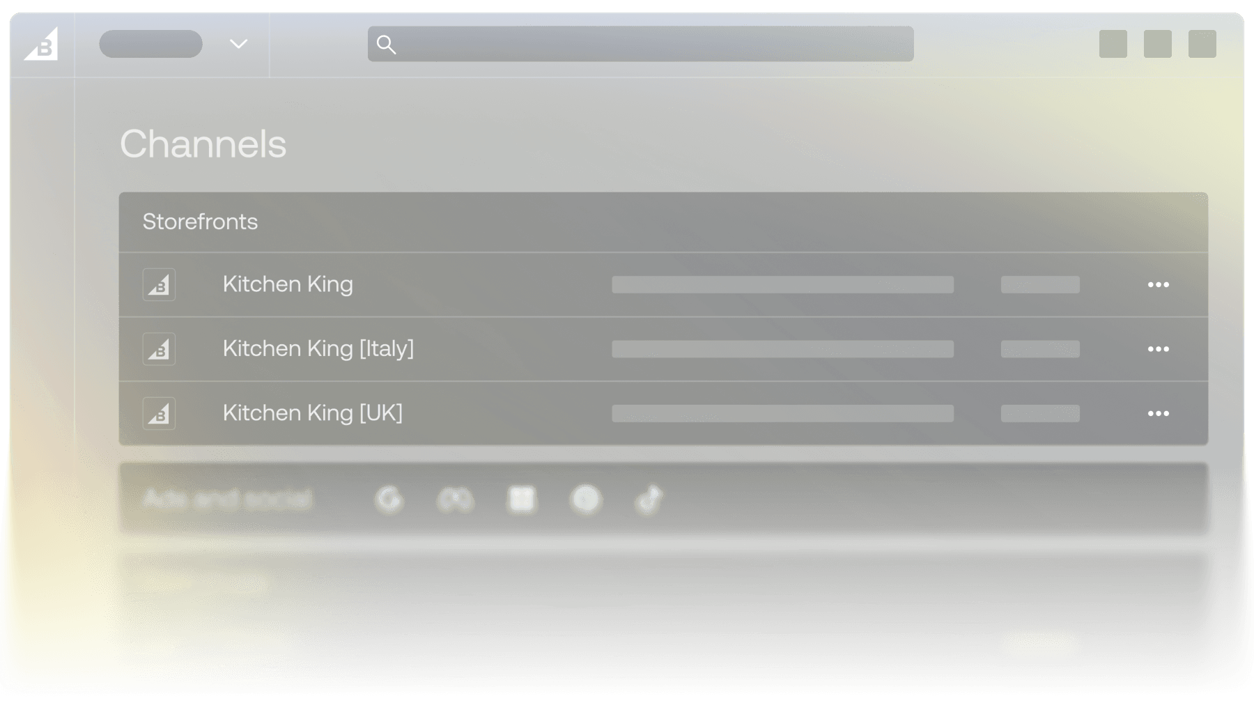 BigCommerce Channels menu showing regional storefront listings for Kitchen King