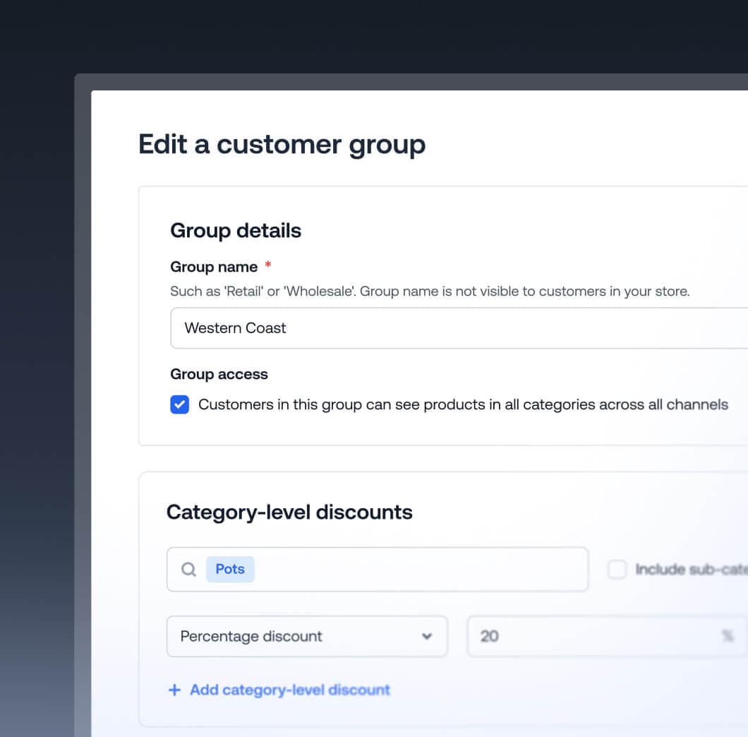 Customer group editing interface displaying category-level percentage discount settings.