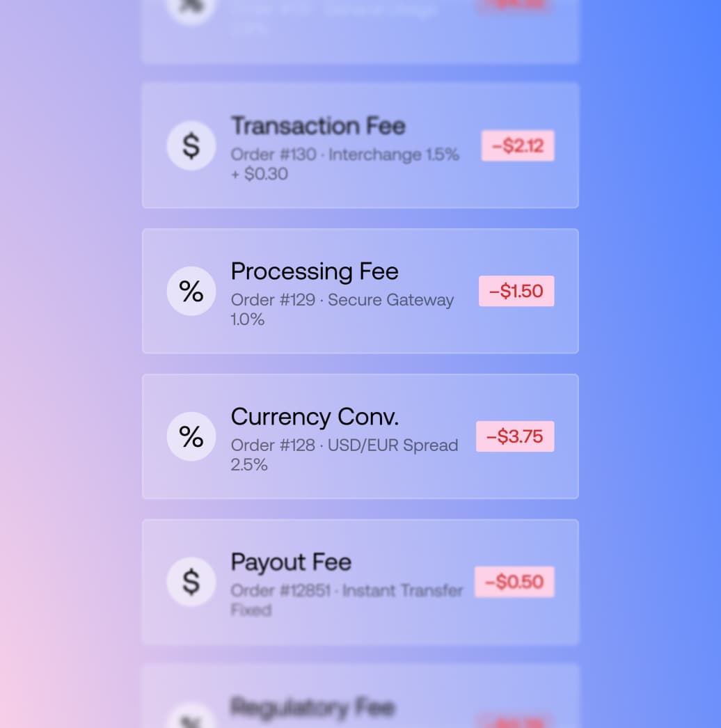 Financial dashboard feed displaying line-item deductions for transaction, processing, and currency conversion fees.