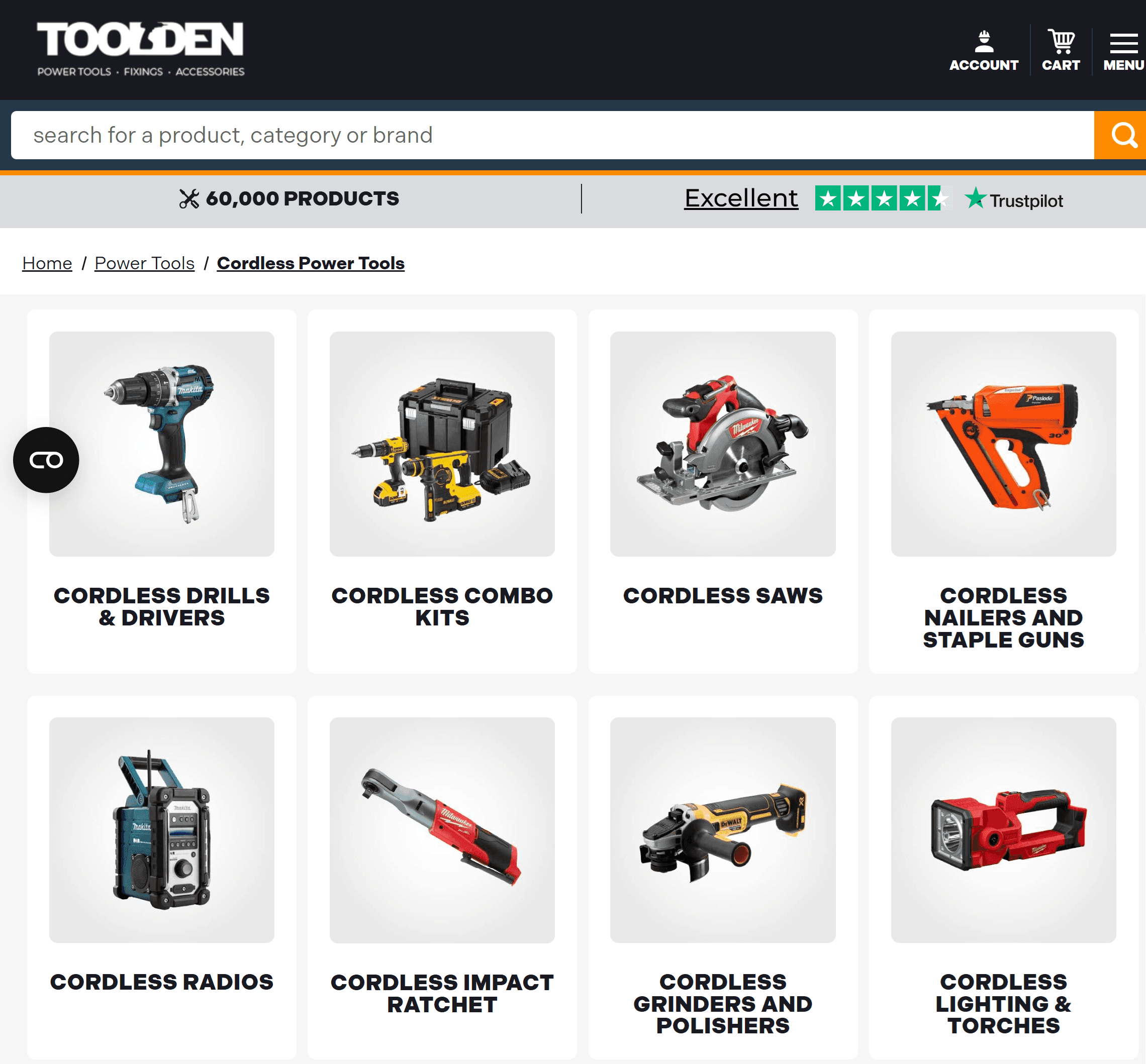 Online store page on a tablet displaying cordless drills from Makita and DeWalt, with prices, ratings, and sale tags.