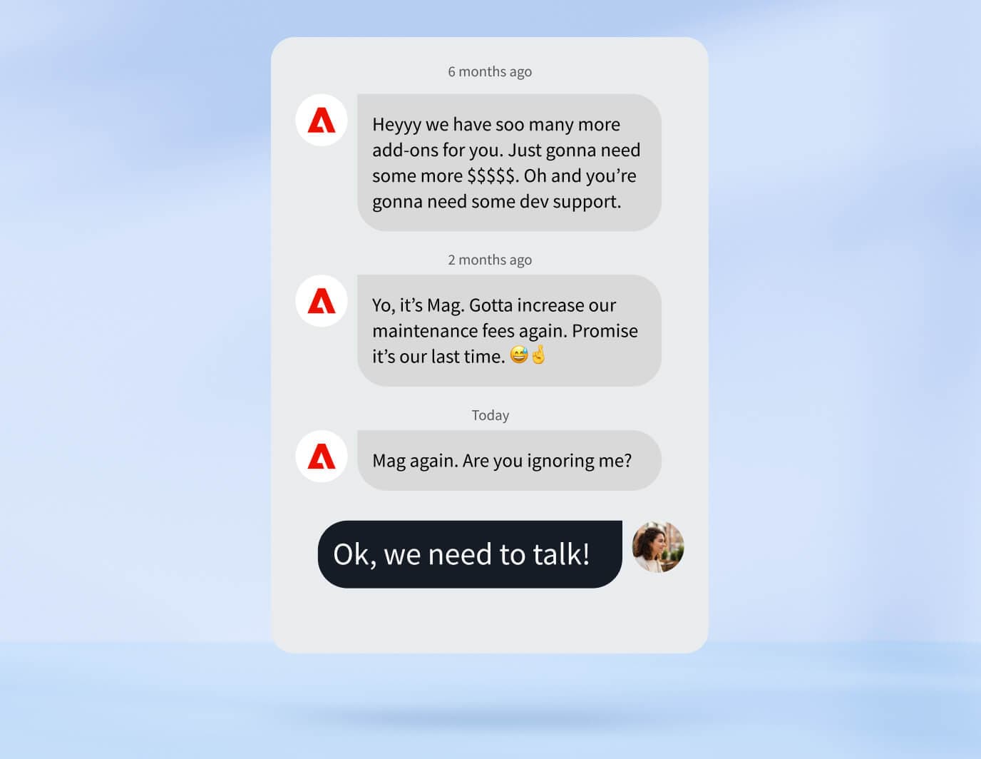 Mock text conversation framing Adobe Magento platform upgrades and rising fees as a dramatic relationship breakup.