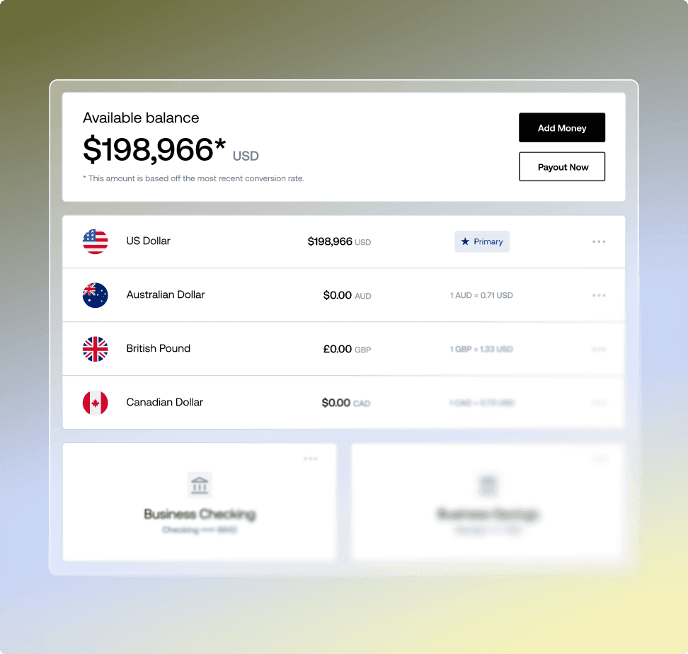 Financial dashboard displaying available balance of $198,966 USD and multi-currency account options.