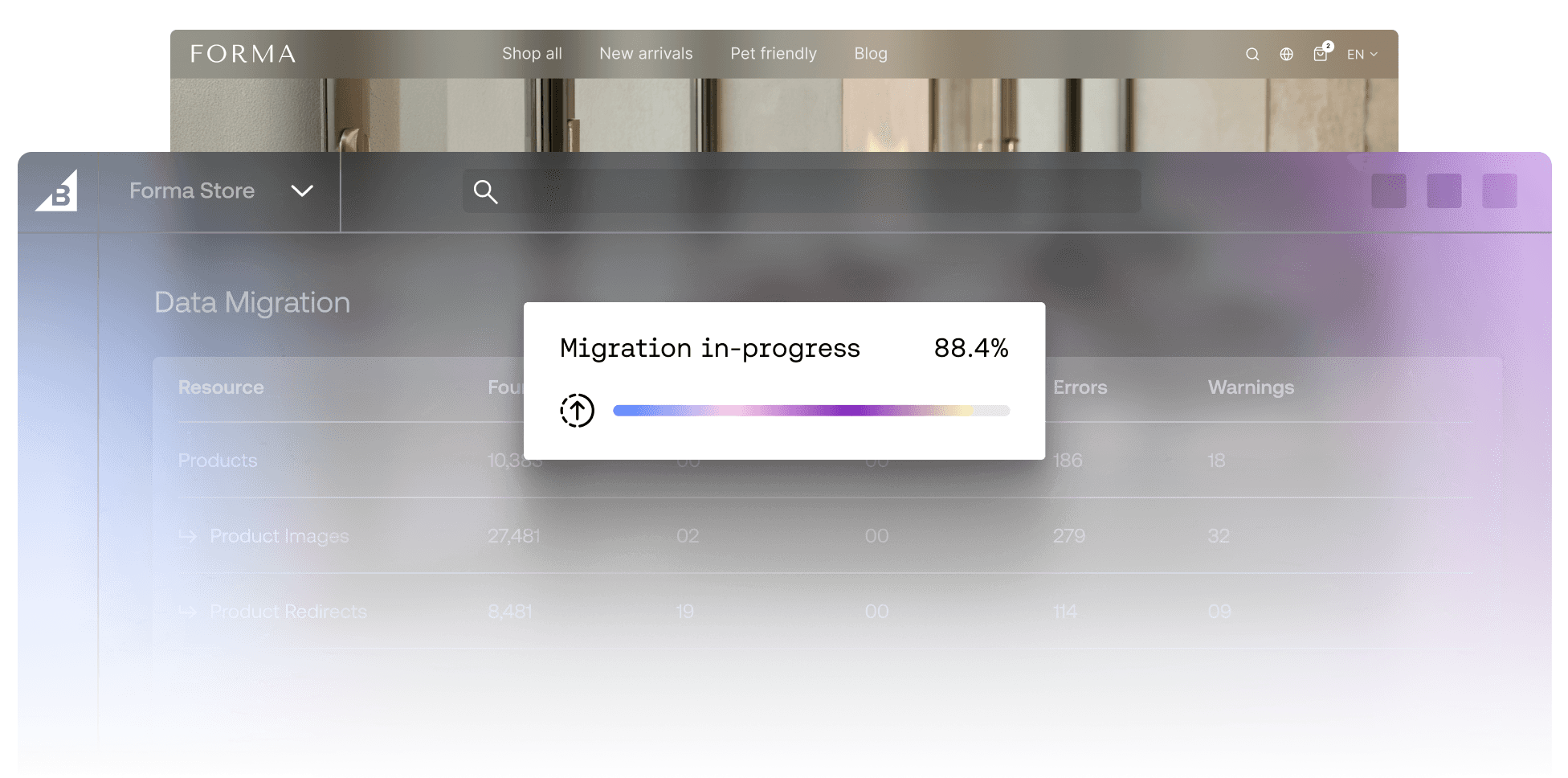 BigCommerce dashboard displaying a data migration progress bar at 88.4% complete