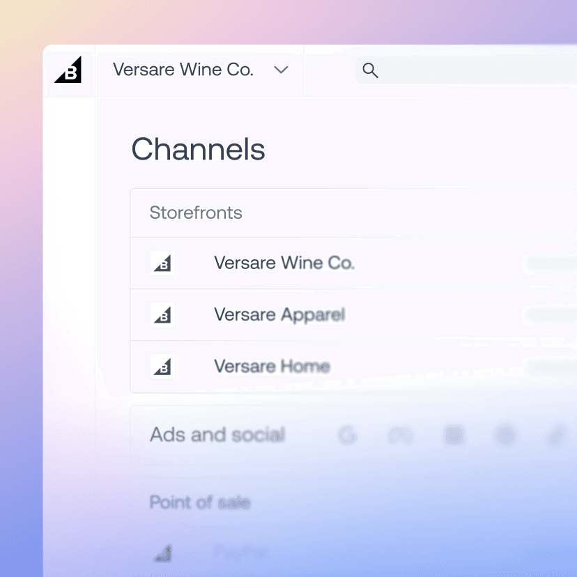 Channels navigation menu showing storefront listings for Versare Wine Co, Apparel, and Home.