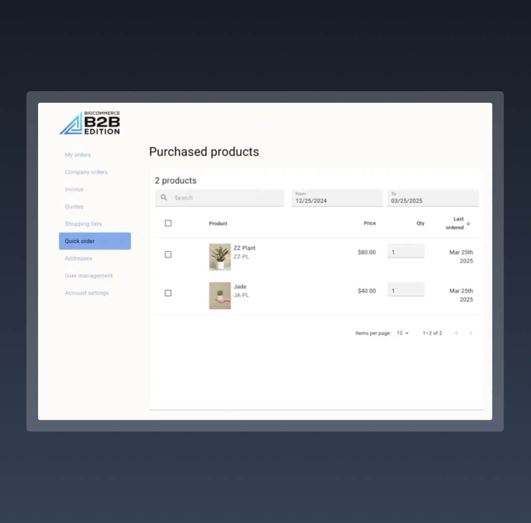 BigCommerce B2B Edition buyer portal showing purchased products and quick order self-service menu.