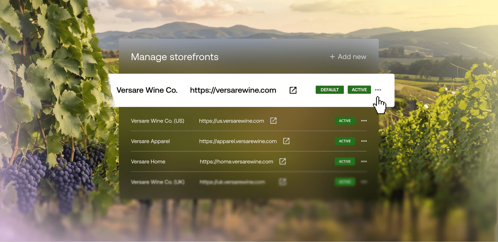 Manage storefronts dashboard overlaying a vineyard background showing Versare Wine Co domain settings.