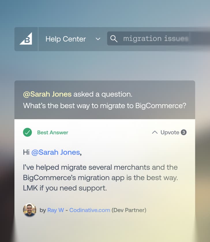 BigCommerce Help Center forum post showing a question about store migration and a verified best answer