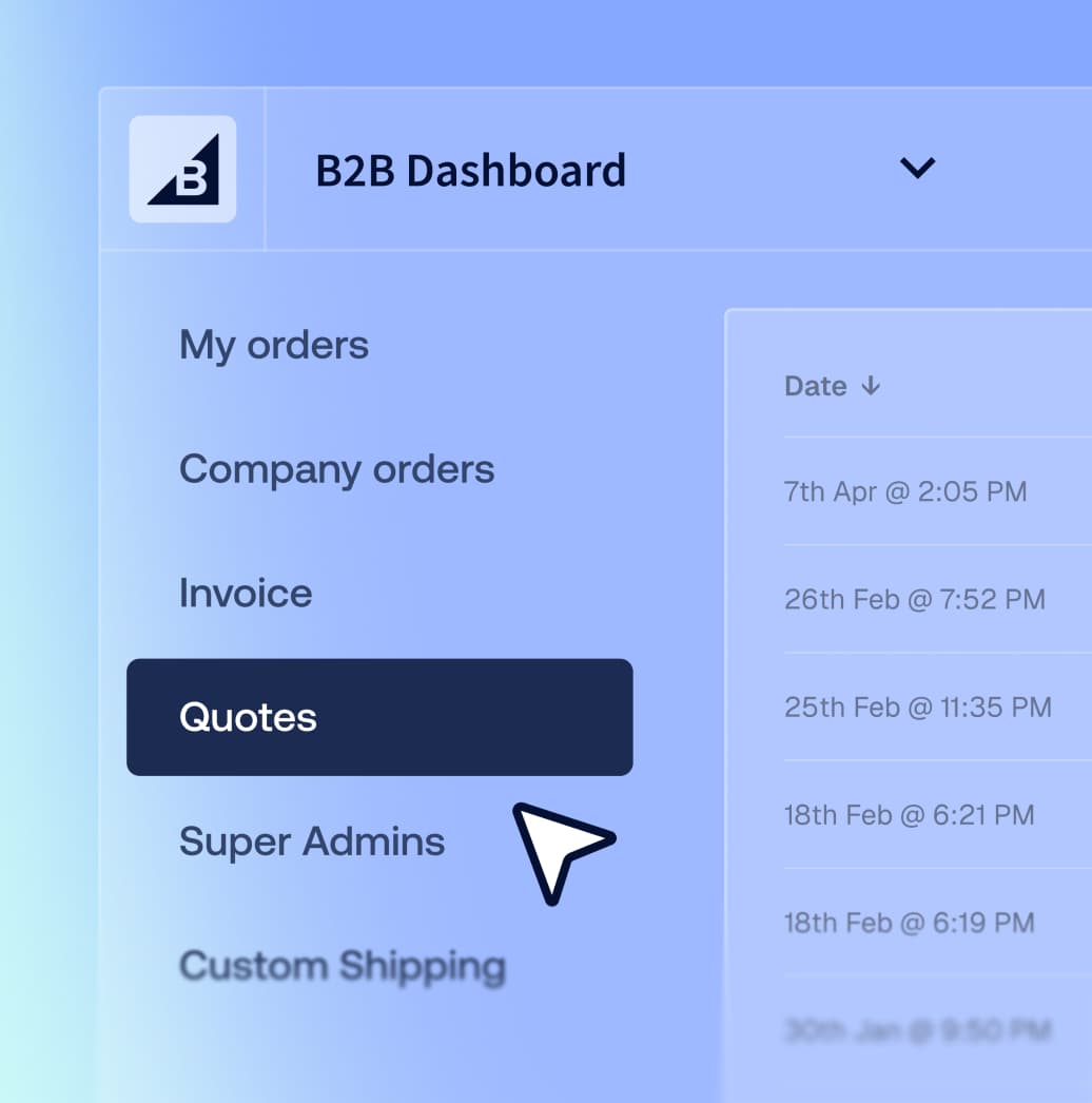 BigCommerce B2B Dashboard navigation menu highlighting the Quotes tab with a mouse cursor pointing to it.
