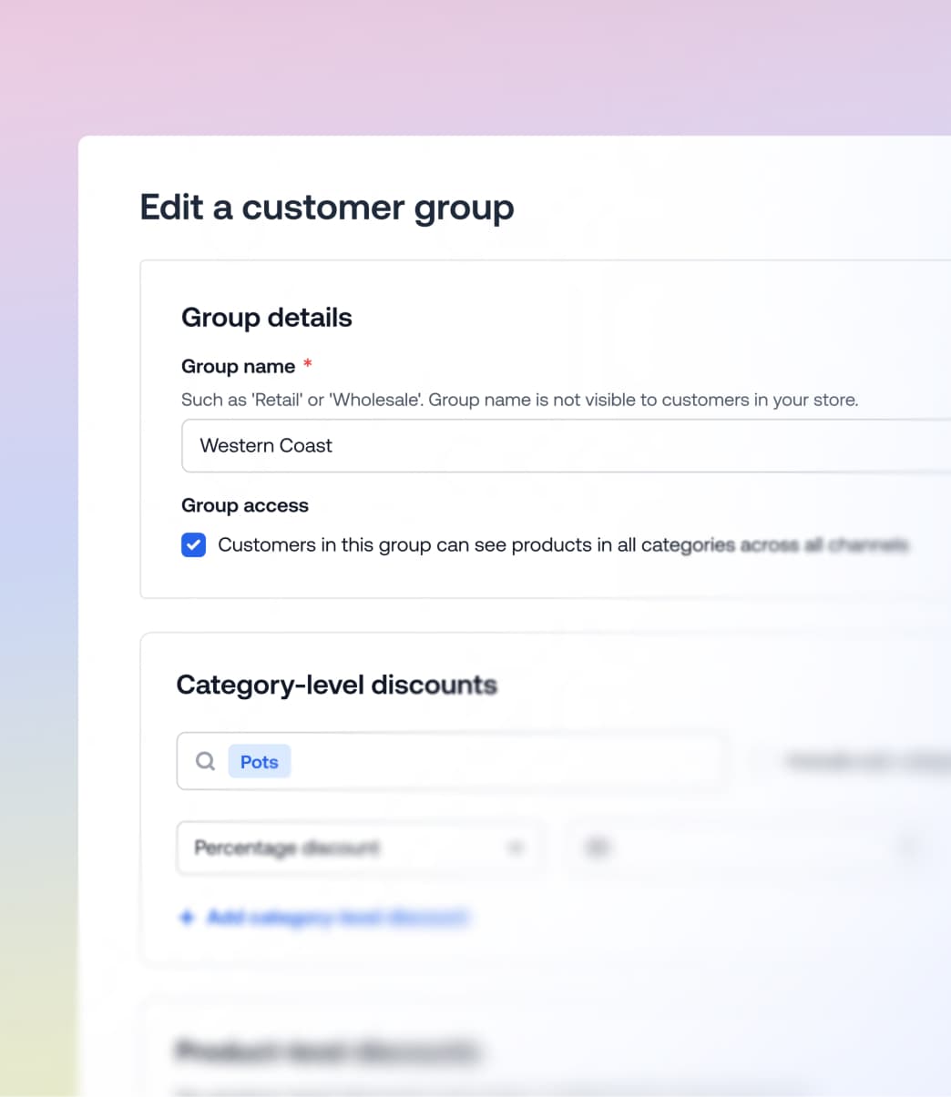 Customer group settings panel showing Western Coast group details and category-level discounts for pots.