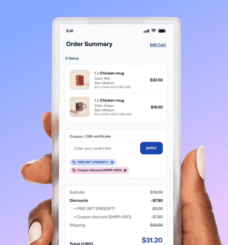 Hand holding smartphone showing an e-commerce order summary screen with cart items, applied coupons, and checkout total
