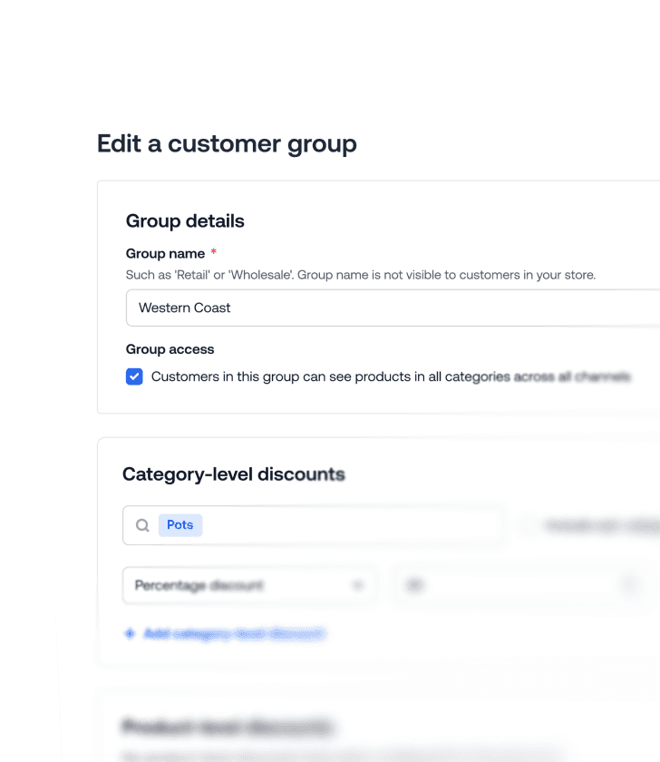 Edit customer group interface showing Group details for Western Coast and category-level discounts.