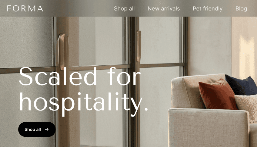 Forma website hero banner reading Scaled for hospitality with Shop all button.