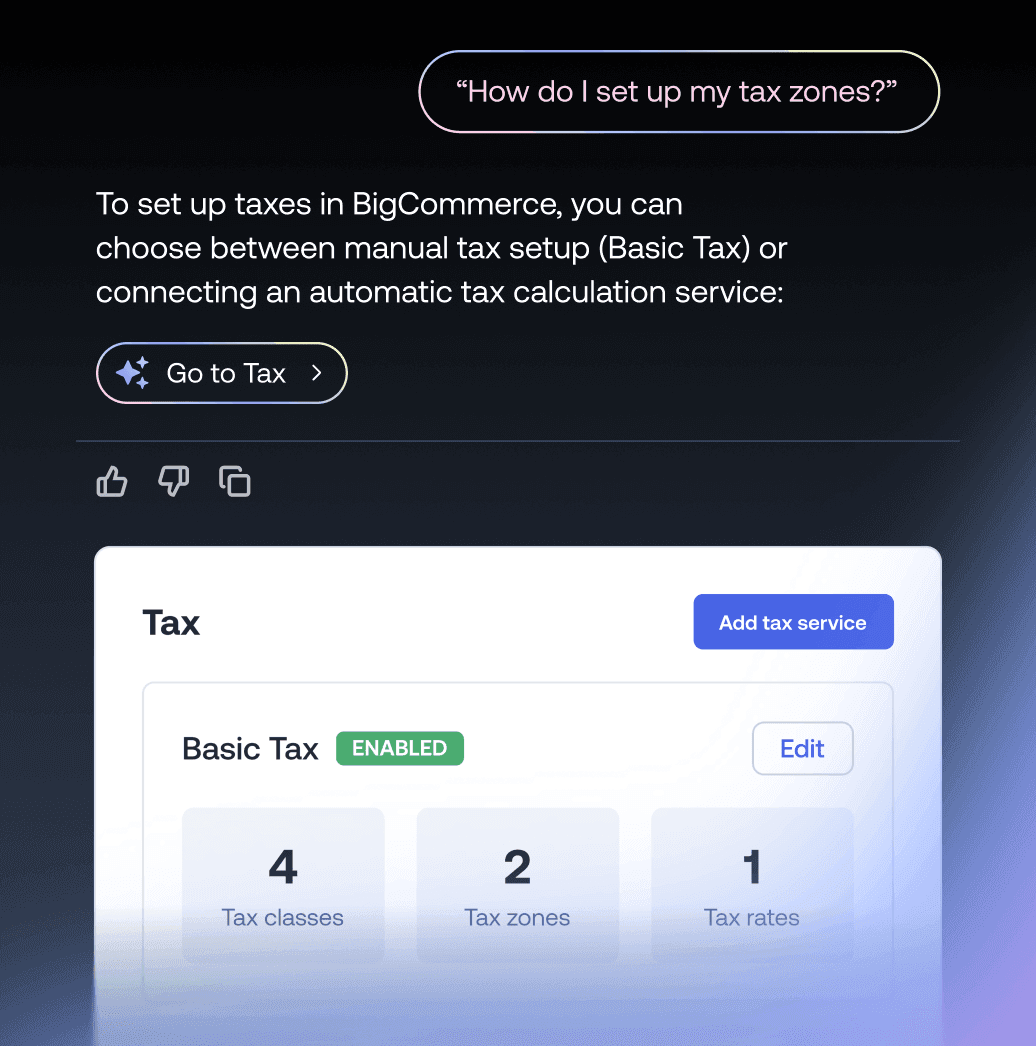 BigCommerce tax setup chat screen showing basic tax configuration with tax classes and zones