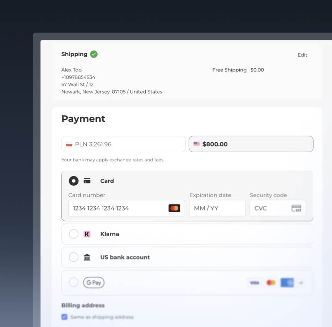 Checkout payment form displaying options for credit card, Klarna, US bank account, and Google Pay.