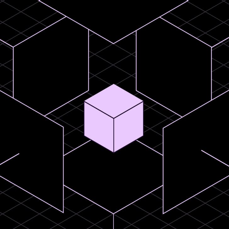 Abstract geometric hero visual with concentric light blue circles and squares on a black background.