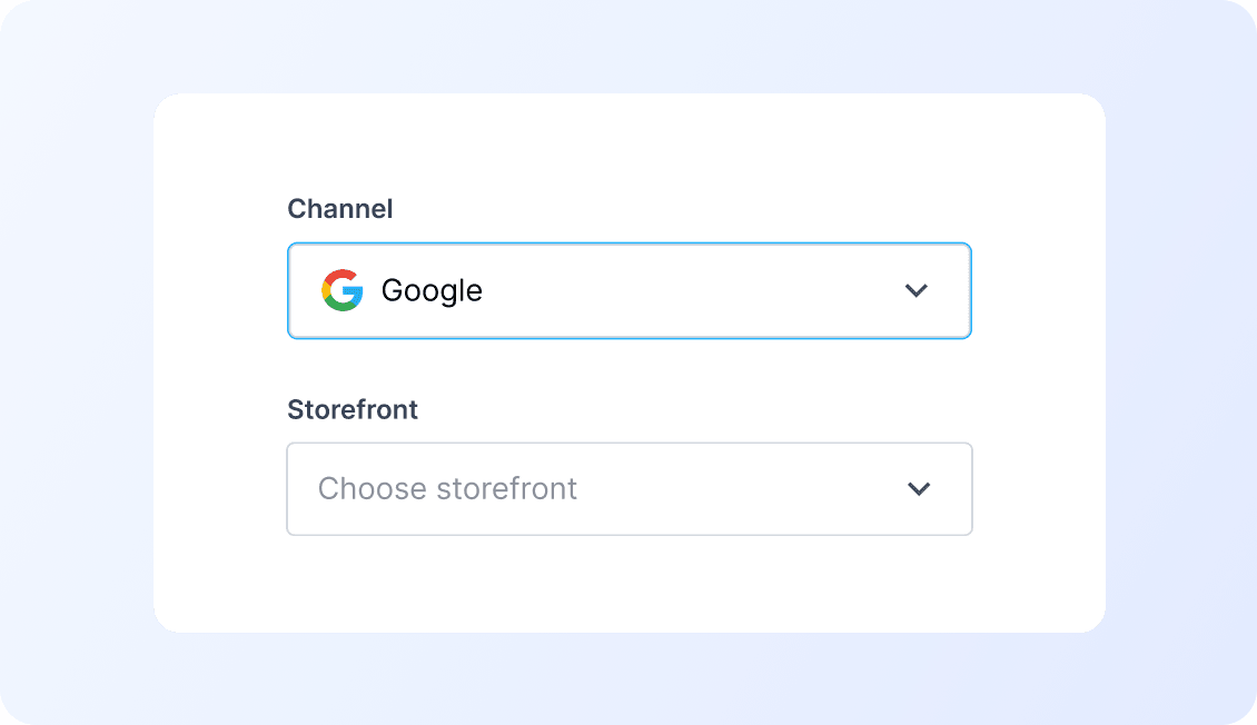 A user interface showing a dropdown menu for selecting an e-commerce channel, with Google selected.
