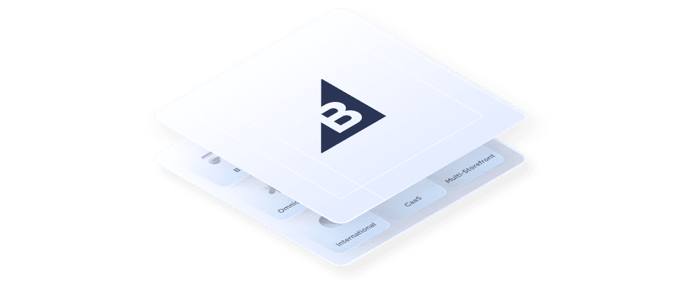 Isometric graphic of the BigCommerce logo layered over multi-storefront and omnichannel technical features.