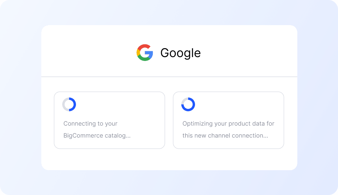 A user interface showing two loading screens for connecting to a BigCommerce catalog and optimizing product data for Google.