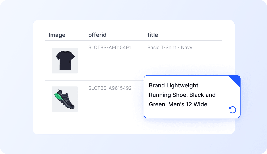 A user interface displaying product data for a t-shirt and a running shoe, with a popup showing an optimized title for the running shoe.