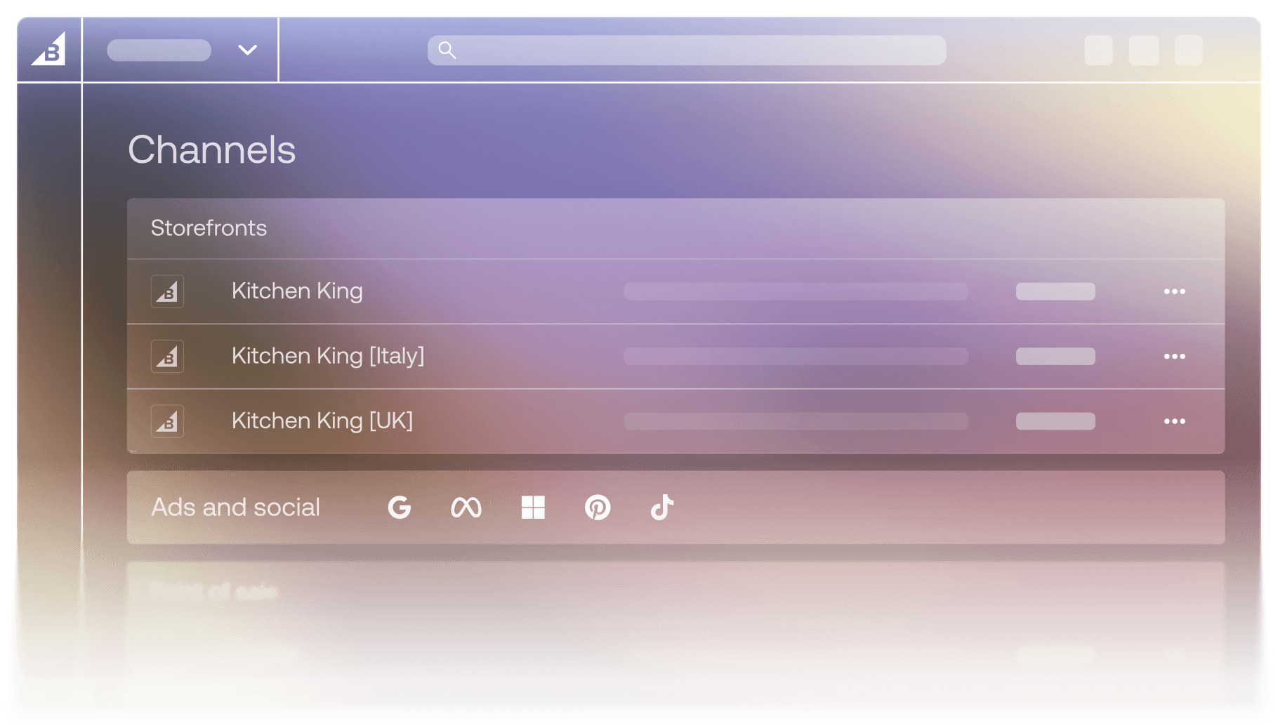 E-commerce channels dashboard display showing localized Kitchen King storefronts for Italy and the UK.